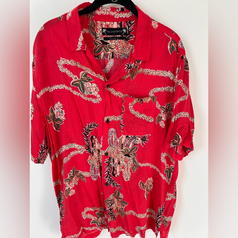 All Saints Red and Brown Floral Button Down Shirt
